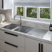 Theo 1200x500 Double Bowl with Drain Board Sink With Taphole Right Hand Drainboard gallery detail image