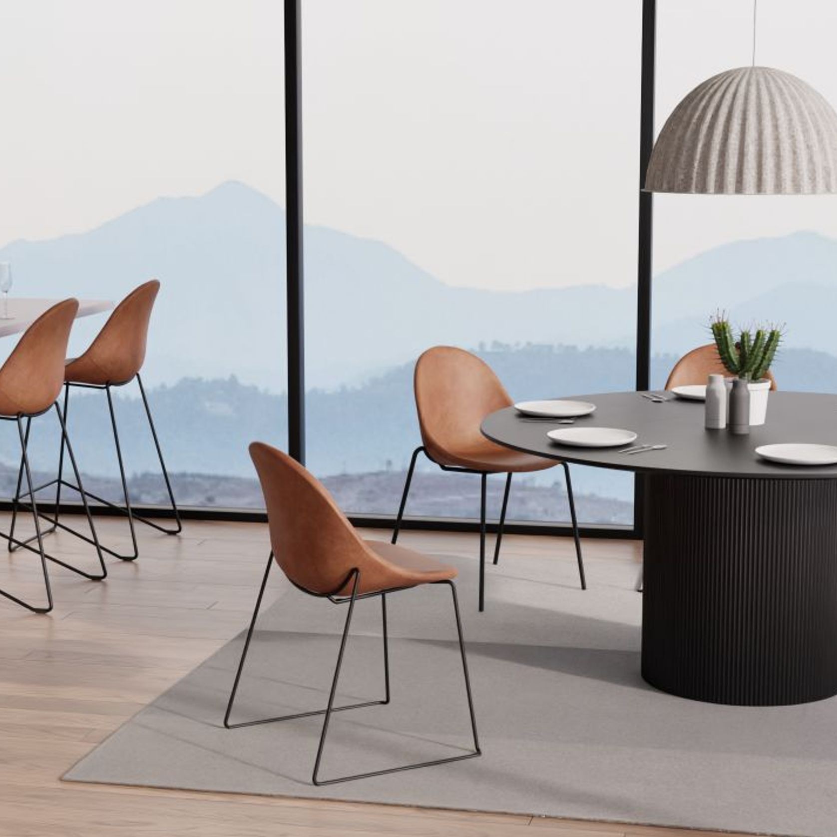 Pebble Stool Brown Upholstered Vintage Seat  - Counter Stool 65cm Seat - Black Base gallery detail image