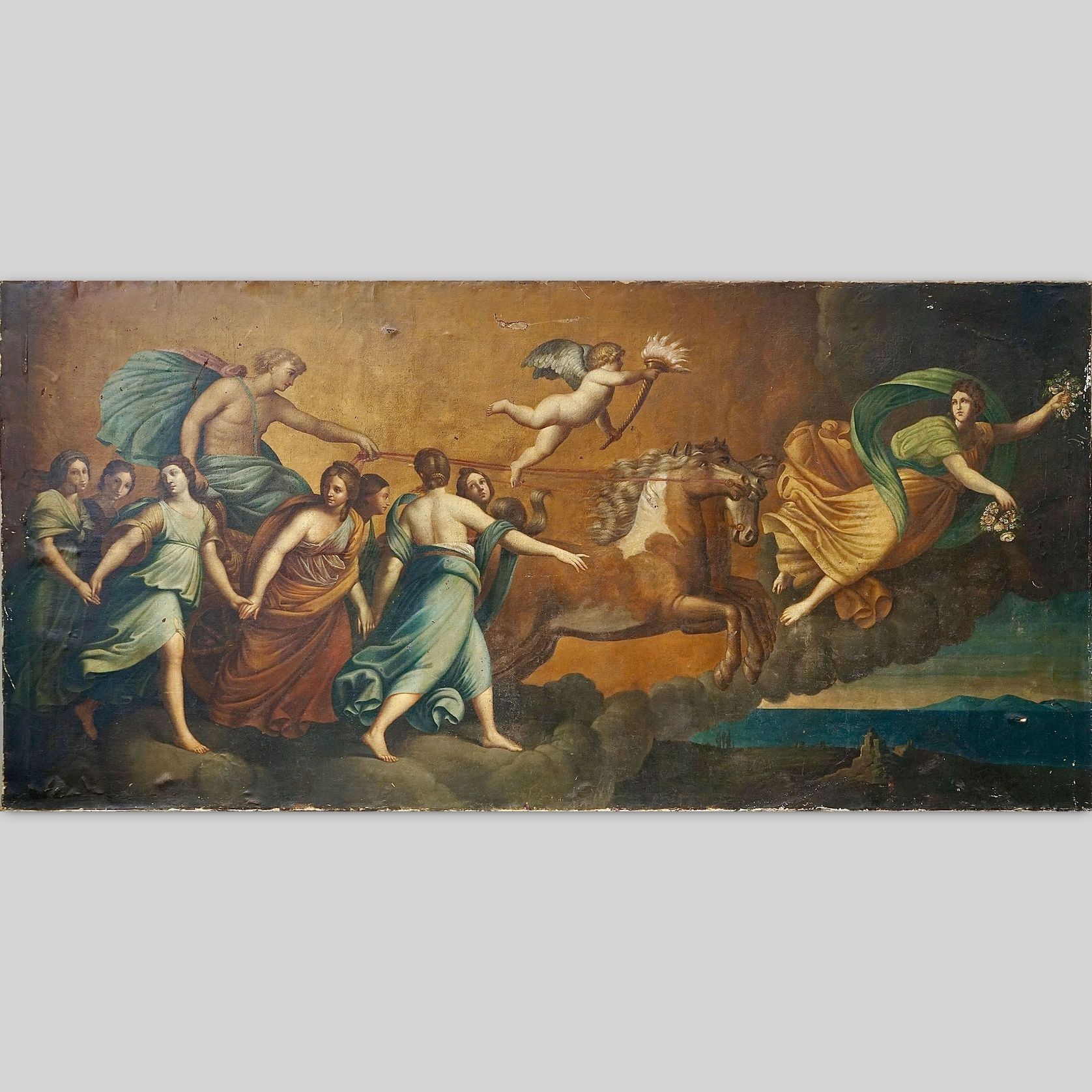 Large Italian Antique Oil Painting of Aurora & Apollo gallery detail image